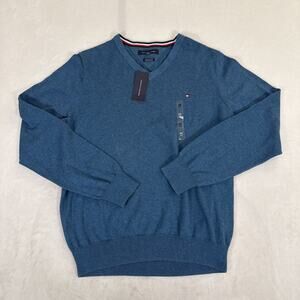 NWT Tommy Hilfiger Men's V Neck Premium Cotton Sweater, Tealish Blue Medium
